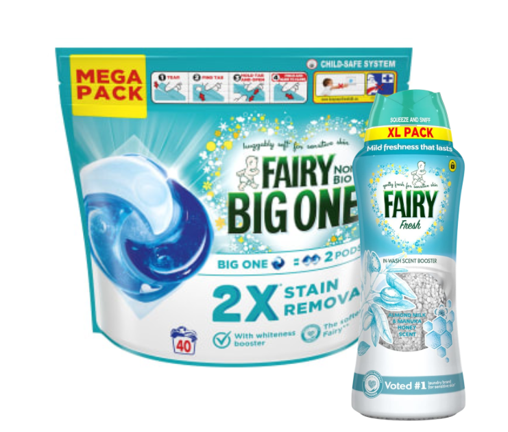 Fairy The Big One Laundry Pods 40 Caps, 495g Fairy Almond Milk And Manuka Honey Scent Boosters Bundle